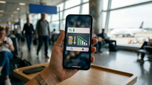 Persona revisando alertas de vuelos baratos y ofertas de pasajes desde su celular en un aeropuerto