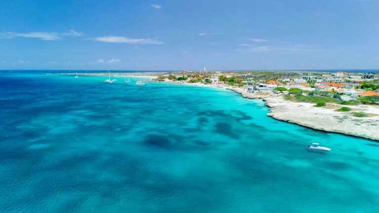 Vista a&eacute;rea de Aruba con costa, mar Caribe y zona urbana.