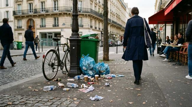 Basura acumulada junto a un contenedor en una vereda de París, en una nota sobre el plan de limpieza urbana y control de ratas.