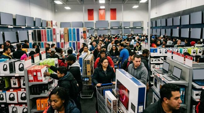 Multitud comprando electrónica en tienda durante grandes descuentos en Estados Unidos.