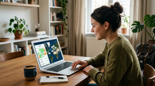 Persona buscando vuelos en oferta desde su computadora con un calendario de precios para encontrar pasajes más baratos