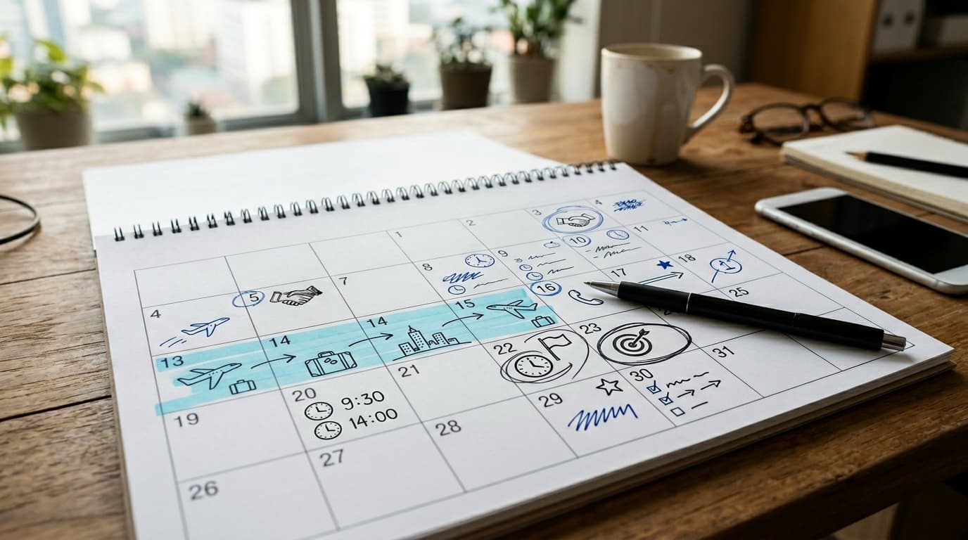 Calendario con fechas marcadas y símbolos de viajes, ideal para representar temporadas de ofertas de vuelos y promociones aéreas