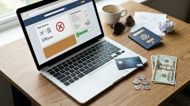 Laptop mostrando una reserva de viaje con posible cancelación o problema de pago junto a pasaporte y tarjeta de crédito