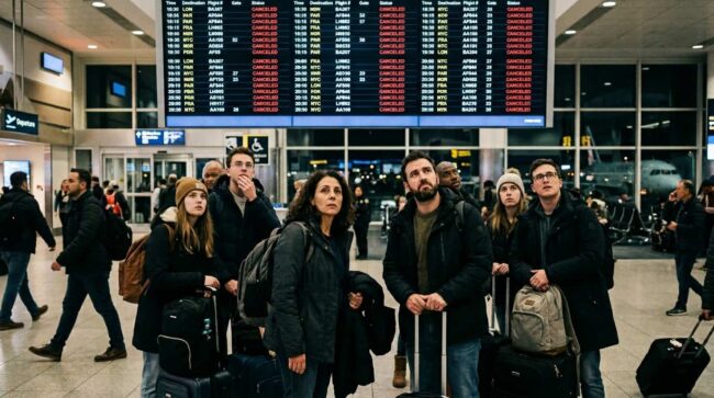 Pasajeros en aeropuerto mirando vuelos cancelados tras el cierre de Spirit Airlines