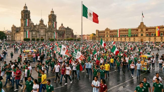 Multitud de aficionados con banderas de M&eacute;xico caminando por el Z&oacute;calo de Ciudad de M&eacute;xico, una escena que anticipa el ambiente cultural y futbolero rumbo al Mundial 2026.