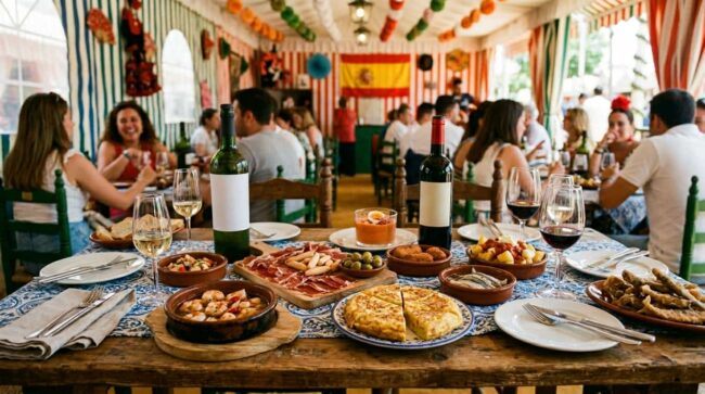 Mesa con comida típica andaluza en una caseta de la Feria de Córdoba.