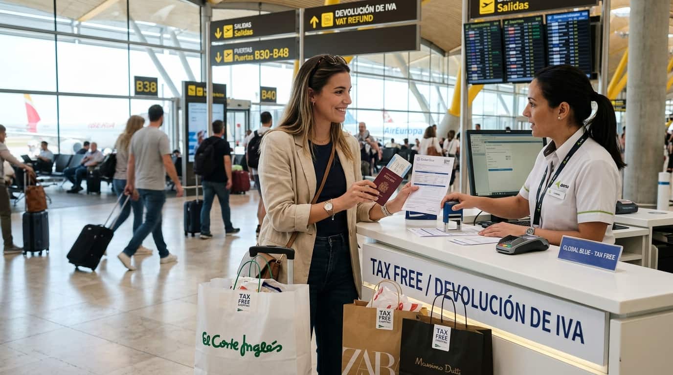 Viajera en un aeropuerto de España realizando el trámite de tax free para pedir la devolución del IVA con el sistema DIVA.
