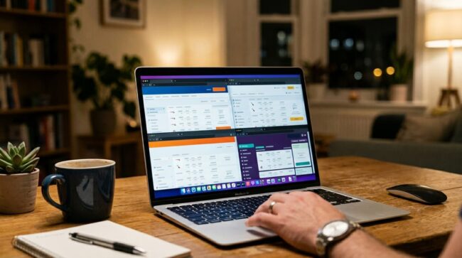 Persona comparando precios de vuelos online en laptop desde casa