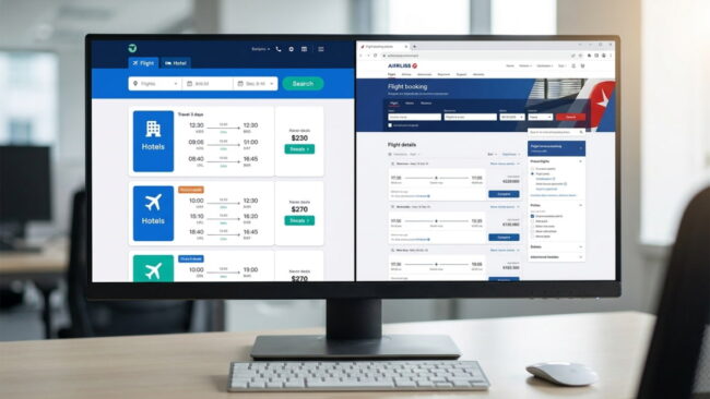 Pantalla mostrando comparación de precios y opciones de vuelos y hoteles entre distintas plataformas de reservas online