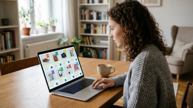 Persona comprando online desde su casa comparando productos con descuentos en laptop.