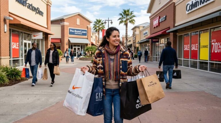 Mujer comprando ropa en outlets de Estados Unidos con bolsas de marcas reconocidas
