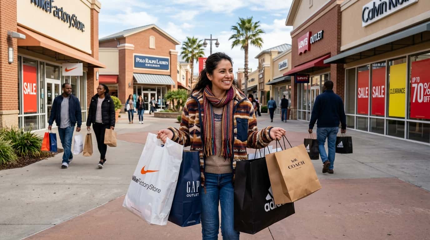 Mujer comprando ropa en outlets de Estados Unidos con bolsas de marcas reconocidas