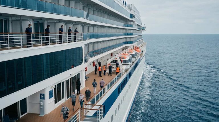 Pasajeros y tripulaci&oacute;n en la cubierta de un crucero navegando en mar abierto