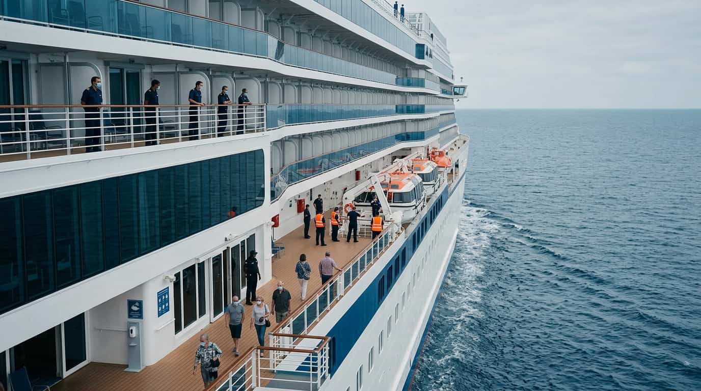Pasajeros y tripulación en la cubierta de un crucero navegando en mar abierto