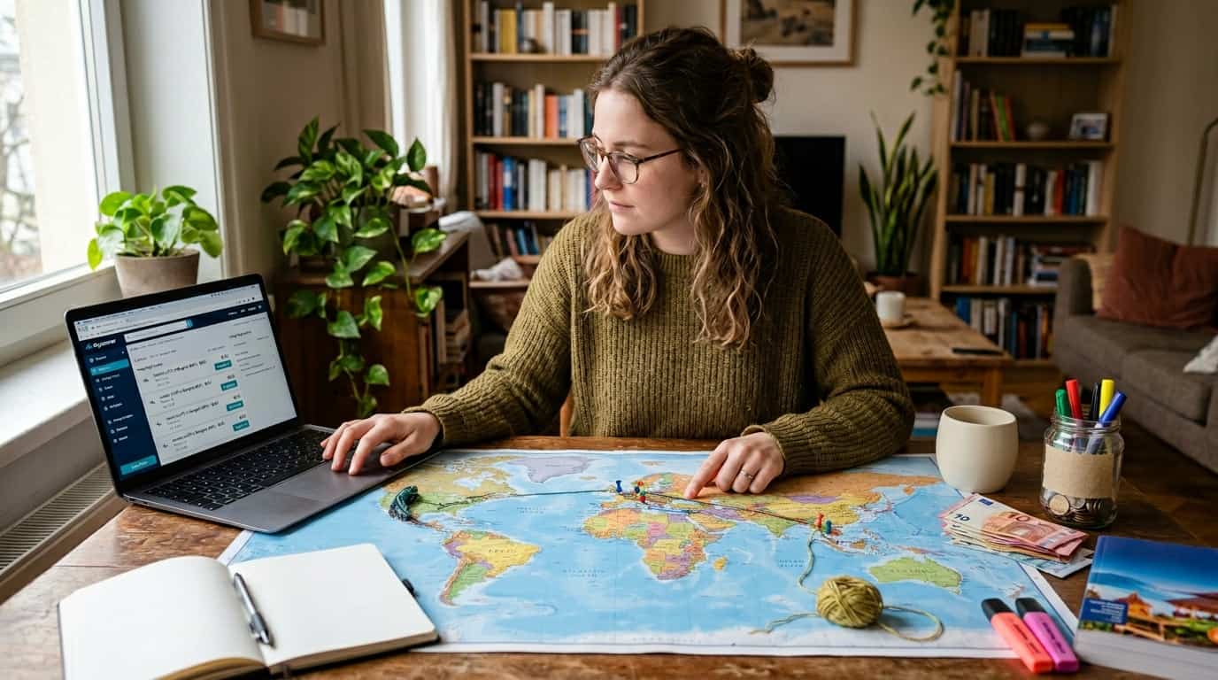 Persona planificando un viaje con mapa y computadora para encontrar vuelos baratos desde Argentina