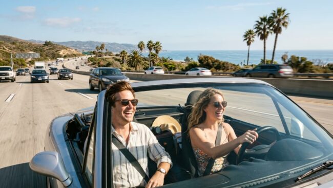 Pareja viajando en auto por una autopista costera del sur de California, una ruta frecuente entre Los Ángeles y San Diego.