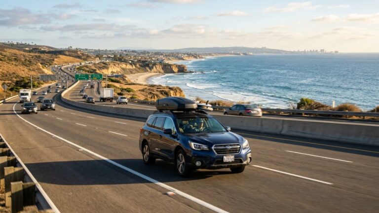 Auto viajando por una autopista costera del sur de California, una ruta habitual para ir de Los &Aacute;ngeles a San Diego.