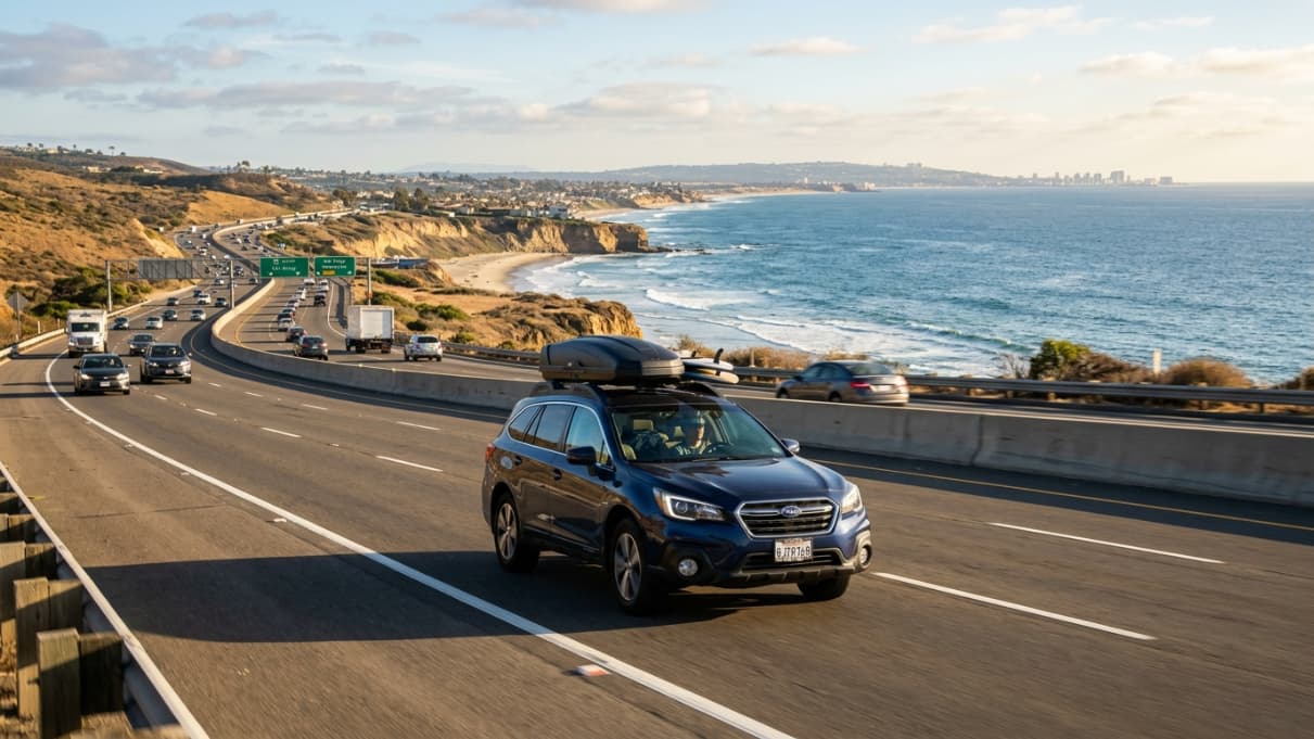 Auto viajando por una autopista costera del sur de California, una ruta habitual para ir de Los Ángeles a San Diego.
