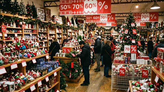 Tienda decorada por Navidad con grandes descuentos en productos y decoración.