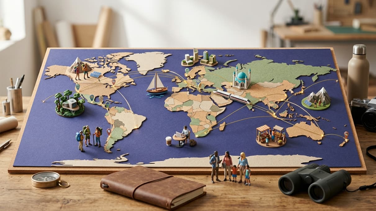 Mapa del mundo con rutas de viaje, miniaturas de destinos y figuras de viajeros, una imagen que representa el crecimiento de nuevos destinos turísticos más allá de París y Nueva York.