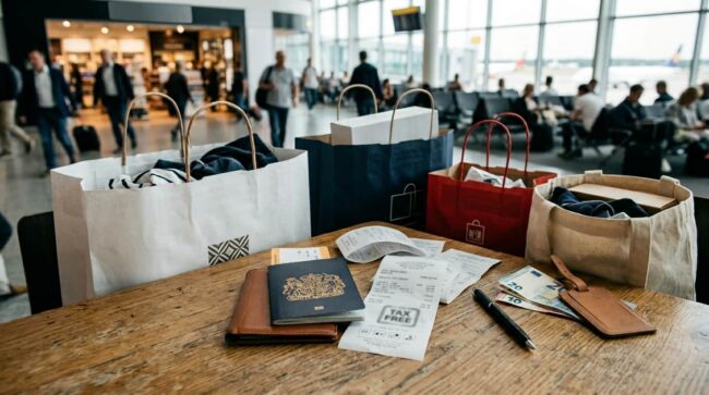 Tickets de compra, pasaporte, dinero y bolsas en un aeropuerto para realizar el trámite de tax free en España.