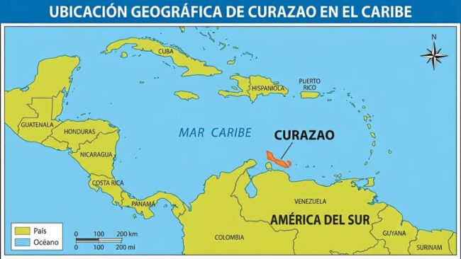 Mapa de Curazao en el Caribe, con la isla señalada frente a la costa de Venezuela, en el norte de Sudamérica.