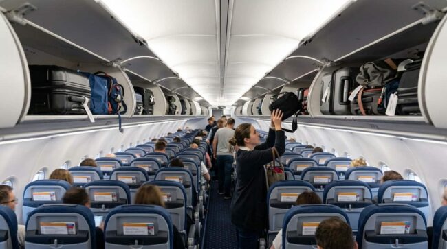 Pasajera guardando equipaje de mano en cabina de avión tras cambios en Aerolíneas Argentinas