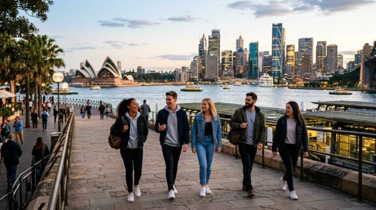 Grupo de estudiantes internacionales caminando frente a la &Oacute;pera de S&iacute;dney con el skyline de la ciudad al fondo.