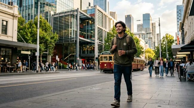 Joven caminando por una ciudad moderna con mochila y café, en un entorno urbano dinámico.