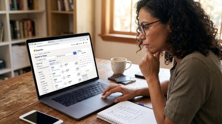 Persona comparando precios y opciones de vuelos en Expedia desde una laptop antes de reservar un viaje
