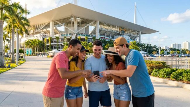 Grupo de fans mirando el celular frente al Hard Rock Stadium en Miami antes de un evento.
