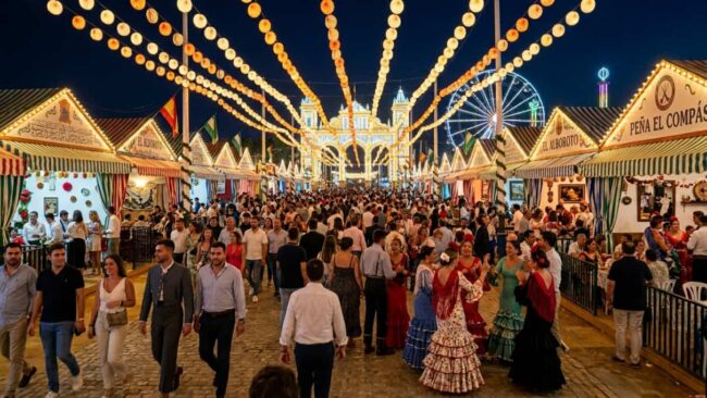Calles del recinto ferial de Córdoba con casetas iluminadas, farolillos y gente disfrutando de la feria.