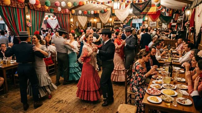 Interior de una caseta en la Feria de Córdoba con gente bailando sevillanas y comiendo.