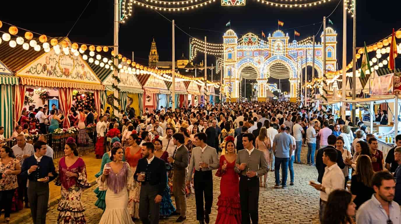 Ambiente nocturno en la Feria de Córdoba con casetas iluminadas y gente vestida de flamenco.