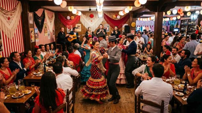 Personas bailando sevillanas dentro de una caseta de la Feria de Sevilla, con música en vivo y ambiente festivo.