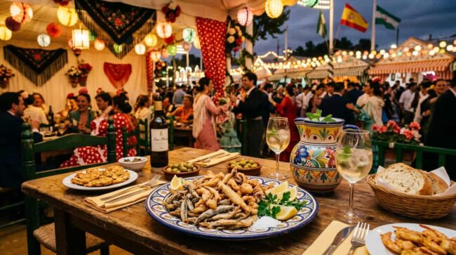 El Lunes de Pescaíto será una de las claves para entender cómo empieza la Feria de Sevilla 2027 y por qué conviene planificar el viaje con anticipación. Mesa con pescaíto frito, vino y comida tradicional dentro de una caseta de la Feria de Sevilla.