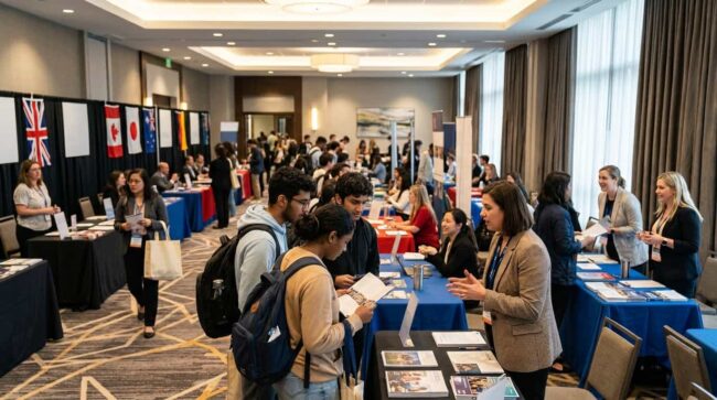 Feria educativa internacional con estudiantes consultando universidades y programas en el exterior.
