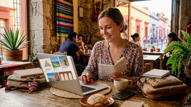 Viajera planificando un viaje por México en una laptop durante la temporada de ofertas del Hot Sale 2026.