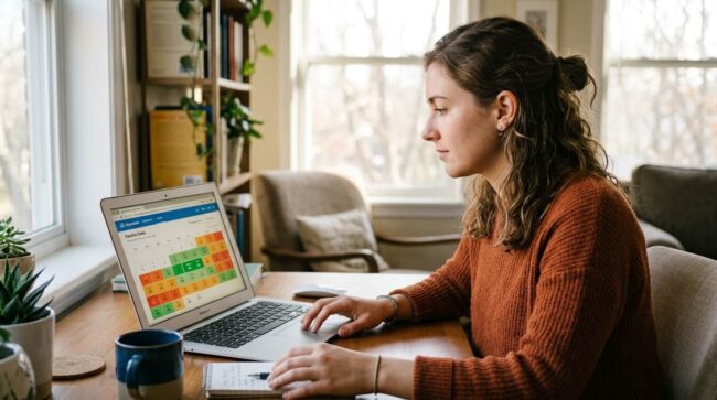 Mujer comparando fechas y precios de viajes en una laptop durante la planificación del Hot Sale México 2026.