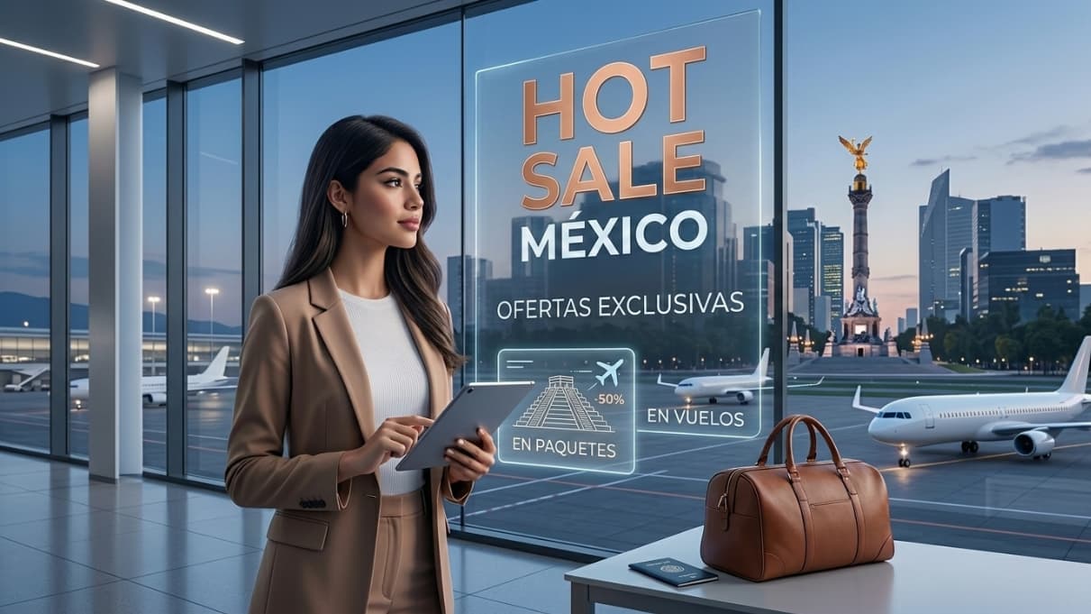 Imagen promocional del Hot Sale México 2026 con ofertas de vuelos y paquetes de viaje en un aeropuerto.