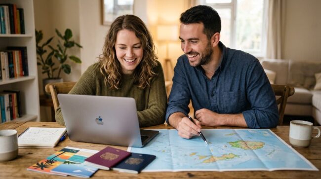 Pareja planificando vacaciones con una laptop, pasaportes y un mapa durante la temporada de ofertas del Hot Sale México 2026.
