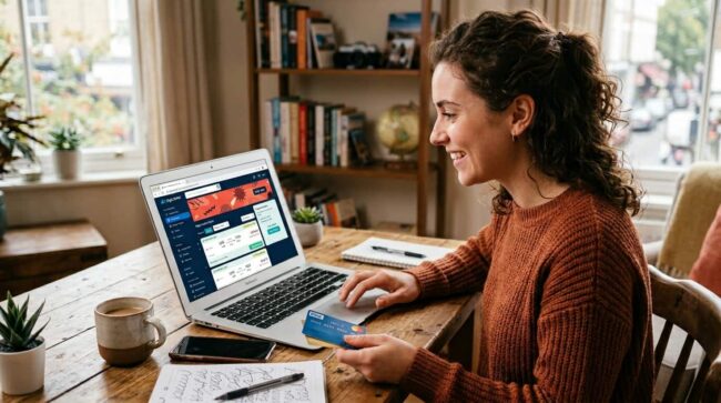 Compra de viajes online en Hot Sale 2026 Persona comprando viajes online con tarjeta durante el Hot Sale