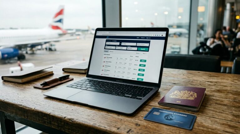 B&uacute;squeda de vuelos baratos en laptop con avi&oacute;n de fondo en aeropuerto
