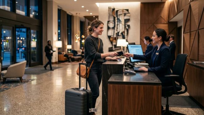 Viajera haciendo check-in en la recepción de un hotel con una valija, una imagen que representa el hotel hopping y el cambio de alojamiento durante un mismo viaje.