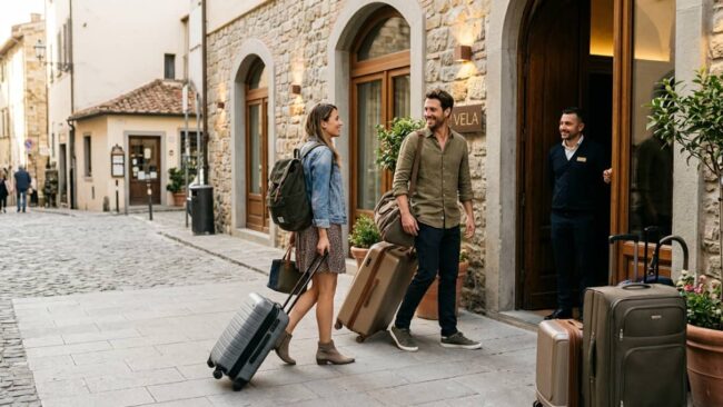 Pareja llegando a un hotel con valijas en una calle de estilo europeo, una imagen que representa el hotel hopping y la idea de cambiar de alojamiento durante un mismo viaje.