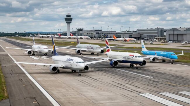 Aviones de distintas aerolíneas en aeropuerto, reflejo de la competencia que cambia tras el cierre de Spirit Airlines