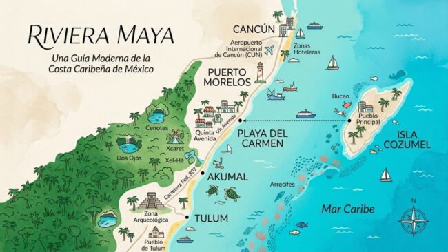 Mapa de Playa del Carmen entre Cancún, Tulum y Cozumel en la Riviera Maya.