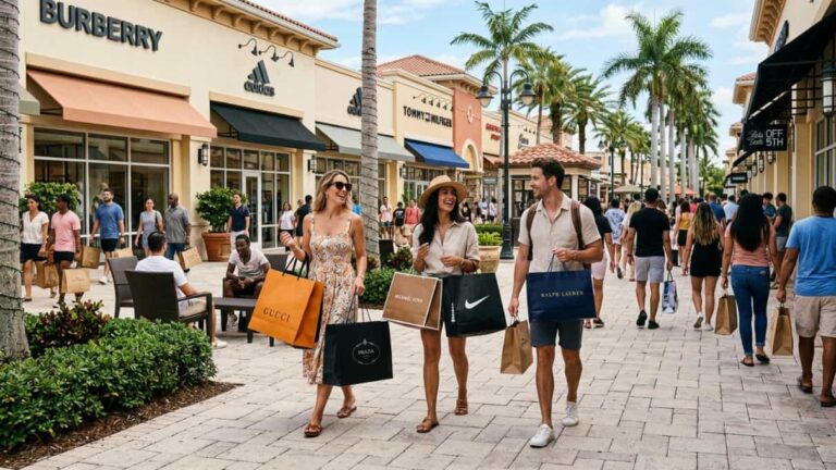 Viajeros caminando con bolsas de compras por un outlet de Florida con tiendas de marcas reconocidas, una imagen que representa las compras en Miami, Orlando y otras ciudades del estado.