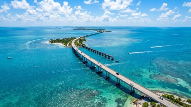 Vista aérea de la carretera que une los Cayos de Florida sobre aguas turquesas, una imagen que muestra la ruta escénica entre Miami y Key West.
