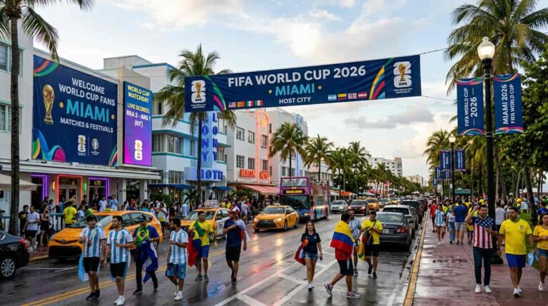 Fans caminando por Miami Beach durante el Mundial 2026 con calles llenas y ambiente festivo.